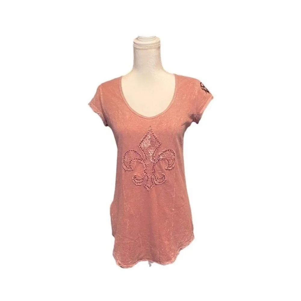 Velvet Stone Diamond Vail Raw Edged Embroidered Biker T Shirt Size Small